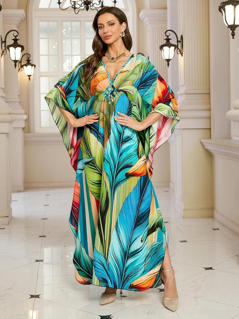 KEYLORTING Women’s Kaftan Beach Cover Up Dress Plus Size Summer Swimsuit Loungewear Maxi Dress - Image 2